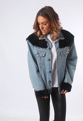 CUSTOMISED DENIM JACKET OVERSIZED FAUX FUR UK 16 (AE1F)