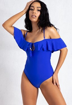 blue ruffle off shoulders swimsuit