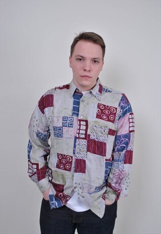 80S ABSTRACT PRINT MENS SHIRT, VINTAGE MULTICOLOR BUTTON UP