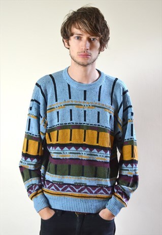 80S VINTAGE BLUE & YELLOW ABSTRACT PATTERN KNIT JUMPER