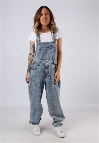 DENIM DUNGAREES ACID WASH LONG LEG WIDE TAPERED UK 14 (BJCC)