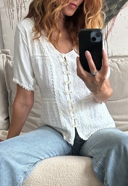 retro White Embroidered Top - M