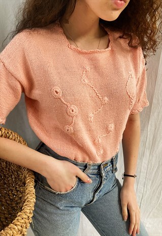 VINTAGE 90S ROSE PINK MILKMAID KNIT FLORAL APPLIQUE BLOUSE