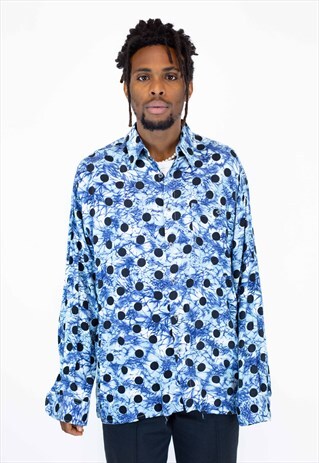 VINTAGE ABSTRACT LONG SLEEVED SHIRT IN BLUE AND BLACK, M