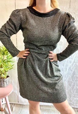 Vintage Silver Glitter Velvet Collar 70's Party Mini Dress