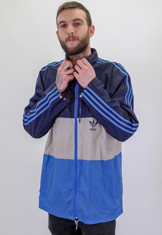 VINTAGE ADIDAS STRIPED WINDBREAKER JACKET IN BLUE XL