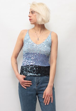 VINTAGE 90' AMAZING COOL BLUE TONES SHINY TOP WITH SEQUINS