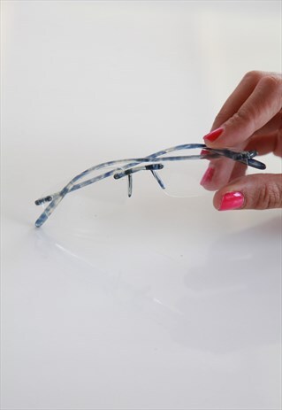 VINTAGE EYEWEAR, RIMLESS FRAME, CRYSTAL BLUE TEMPLES.