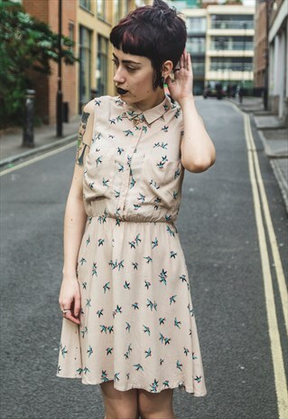 CREAM SUMMER DRESS WITH FLYING BIRDS PRINT