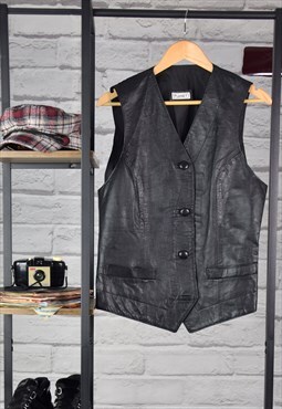 90s Vintage Grunge Planet Black Leather Waistcoat Vest 