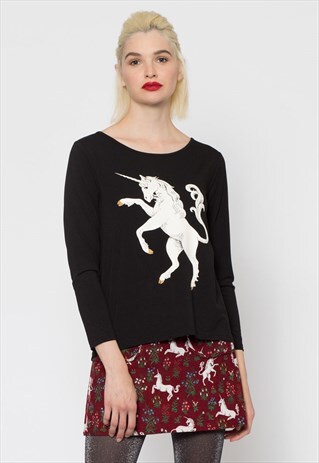 BLACK LONG SLEEVED UNICORN PRINT TEE