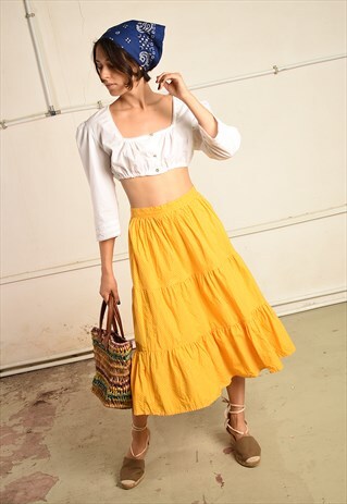 VINTAGE 70S BOHO RUFFLE PARIS CHIC POLKA DOT MIDI SKIRT
