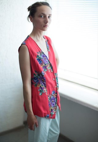 VINTAGE 90'S CORAL RED FLOWER PATTERNED SLEEVELESS TOP