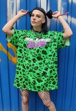 Leopard print tee fluorescent graffiti slogan t-shirt green