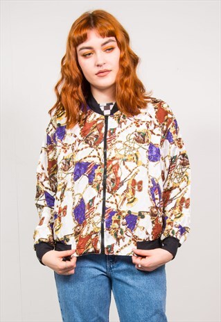 VINTAGE 90'S HORSE BAROQUE PATTERN SILKY BOMBER JACKET