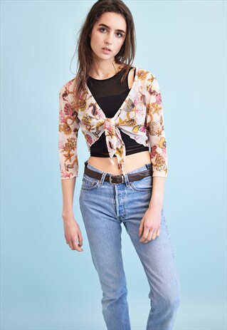 90'S RETRO SEASHELL PRINT KITSCH MESH TIE UP SHEER TEEN TOP