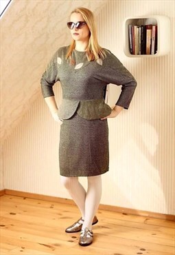 Brown and black checked knitted peplum dress