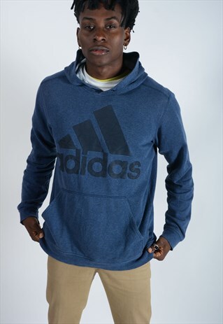 VINTAGE ADIDAS HOODIE WITH SPELL OUT LOGO IN BLUE