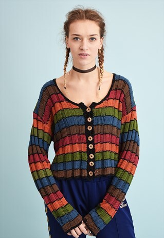 80'S RETRO HANDKNIT STRIPED PATTERN CARDIGAN TOP