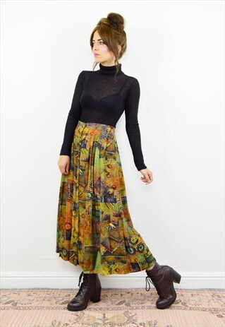 VINTAGE 90S BOHO PLEATED BUTTON DOWN MIDI SKIRT