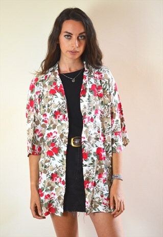 90S VINTAGE ABSTRACT RED & BROWN FLOWER PRINT FESTIVAL SHIRT