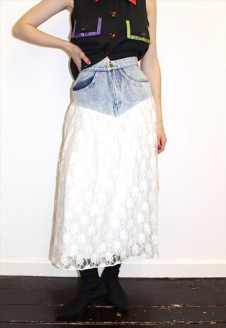 80S VINTAGE LACE DENIM SKIRT MIDI BOHO PUNK QUIRKY RETRO