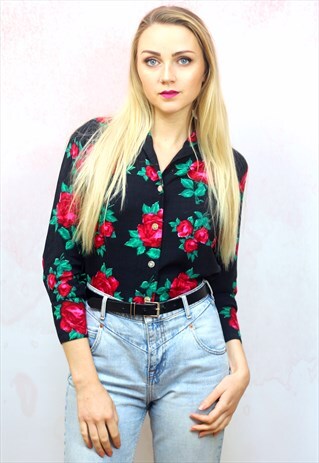 1990S VINTAGE RED ROSE AND BLACK PRINT SHIRT