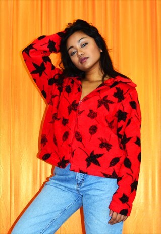 VINTAGE 80S FLEECE JACKET RED BLACK LEAF PRINT ZIP UP