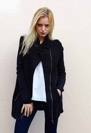 BLACK FAUX LEATHER CONTRAST FINE KNIT JACKET