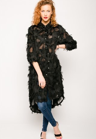 FEATHER TASSEL LOOK EMBROIDERED PRINT OVERSIZE SHIRT DRESS