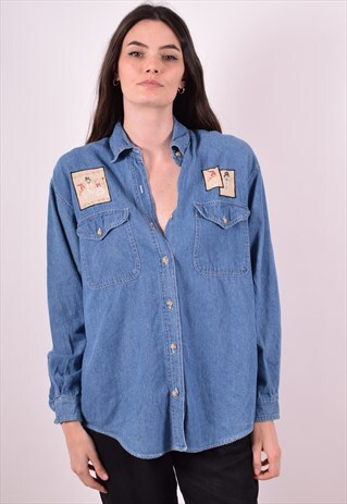WOMENS VINTAGE DENIM SHIRT SMALL BLUE 90S