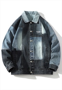 Patchwork denim jacket bleached jean bomber in washed blue