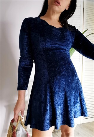 VINTAGE 80S NAVY BLUE VELVETEEN MINI DRESS