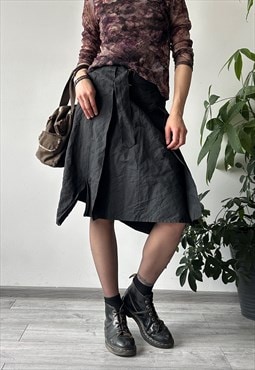 Vintage 90s 00s Black Classic Asymmetrical Belted Midi Skirt