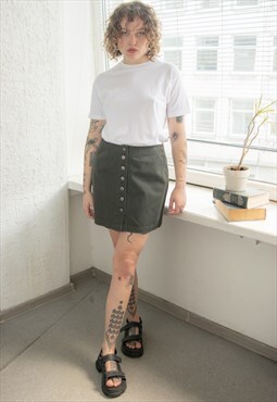 Vintage 80's Khaki Mini Cotton Buttons Up Skirt