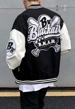 Black Embroidered Oversized Baseball Varsity jacket Y2k