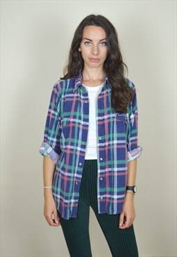 90s Vintage Blue & Green Checked Long Sleeve Shirt