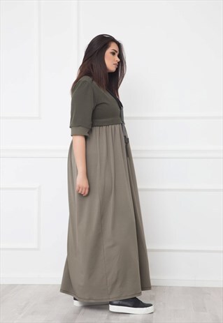 ARMY GREEN DRESS WITH HALF SLEEVES