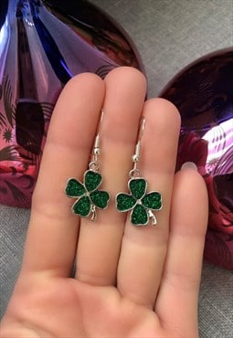 Green Glitter Clover Earrings 