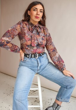 Vintage 70s Pussy Bow Blouse in Abstract Autumn Print - S