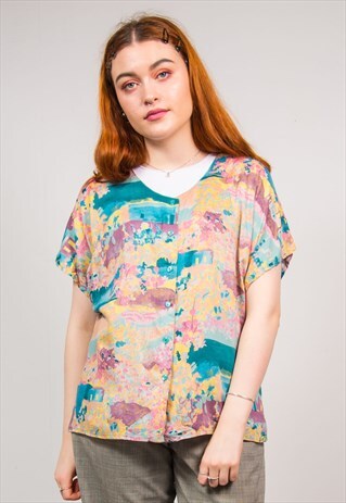 VINTAGE 90'S COLOURFUL FLORAL PRINT COLLARLESS BLOUSE