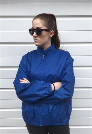 WOMENS BLUE VINTAGE 80S JACKET FESTIVAL WATERPROOF BOMBER