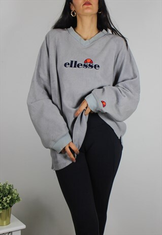 VINTAGE RARE ELLESSE FLEECE JUMPER W LOGO FRONT & SLEEVE