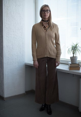 VINTAGE 80'S CAMEL RIBBED BUTTON UP V-NECK CARDIGAN