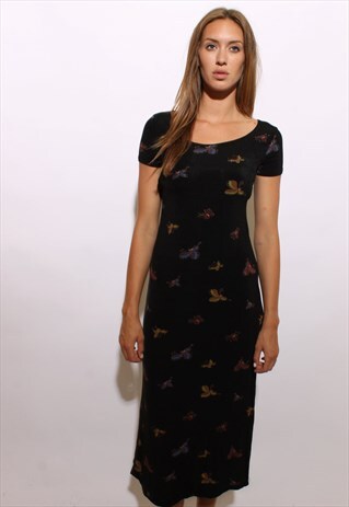 VINTAGE 1990'S 90'S BLACK BUTTERFLY PRINT STRETCH DRESS S-M