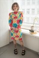 Vintage 70s Multicolour Floral Print Puff Sleeved Midi Dress