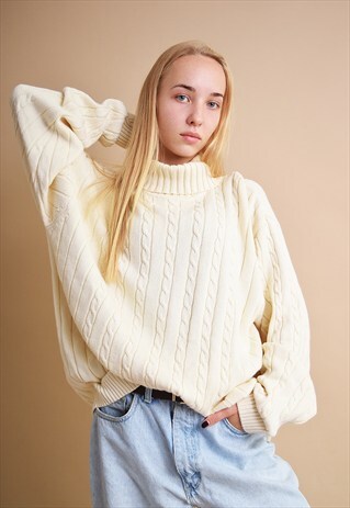 90'S ROLL-NECK ARAN STYLE NEUTRAL KNIT OVERSIZED JUMPER