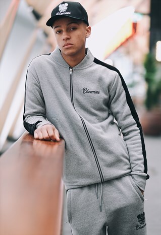 SMOKE GREY ZIPPED VELOUR SLEEVE STRIPE SWEATSHIRT