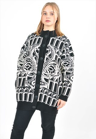 VINTAGE OVERSIZE KNITWEAR CARDIGAN IN BLACK WHITE