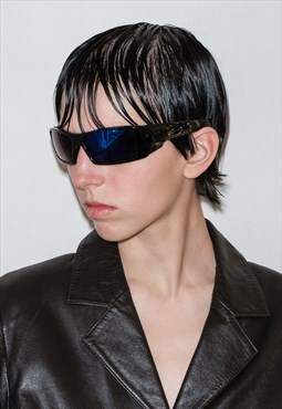 Y2K rectangle matrix mirror sunglasses in black&blue/purple
